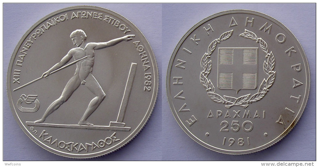 GREECE 250 A 1981 ARGENTO SILVER PANEUROPEAN GAMES ANCIENT OLYMPIC JAVELLING PESO 14,44g TITOLO 0,900 CONSERVAZIONE FDC - Grecia