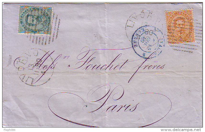 ITALIE - CACHET D'ENTREE BLEU - ITALIE 5 MODANE 5 - LE 15-11-1880 - LETTRE DE LIVOURNE POUR PARIS. - Poststempel