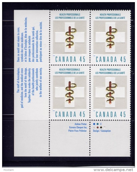 CANADA, 1998, MNH, # 1735i,   THE HEALTH PROFESSIONALS  , LL BlocK,  BRIGHT PHOSPHOR - Blocks & Sheetlets