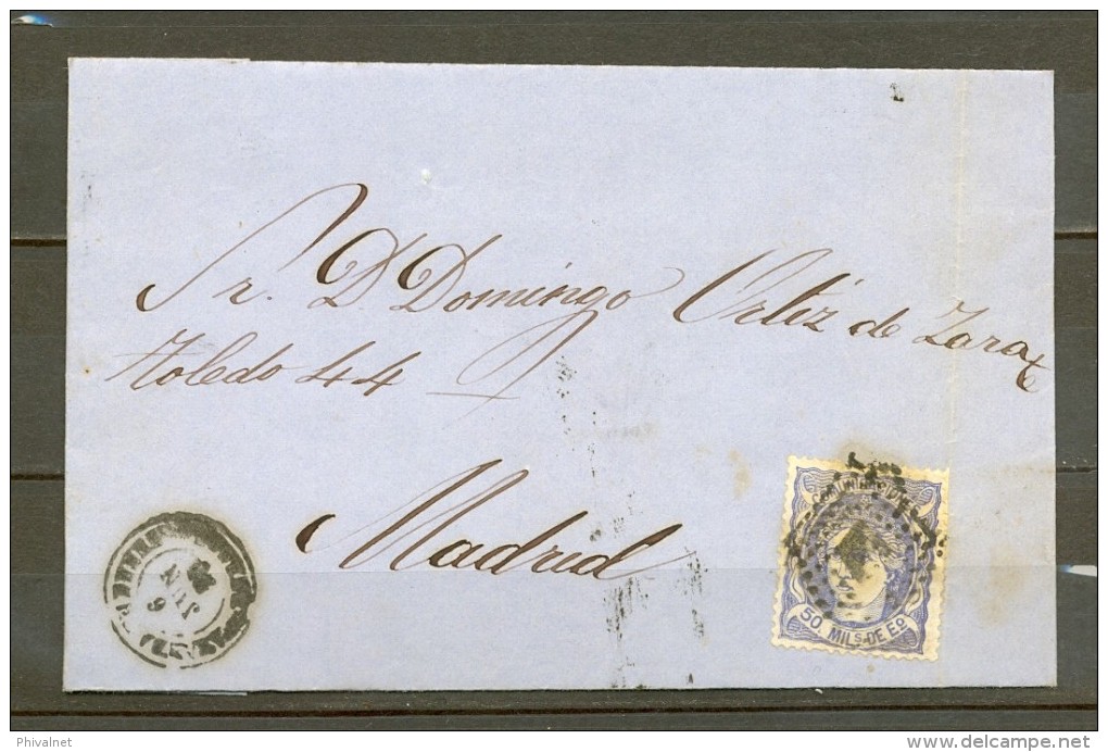 1872, ED. 107, CARTA CIRCULADA ENTRE ARANDA DE DUERO Y MADRID, MATASELLOS ROMBO DE PUNTOS, LLEGADA - Covers & Documents