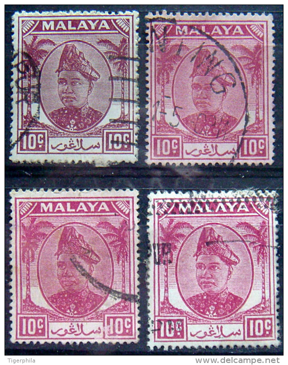 SELANGOR 1949 10c Sultan Hisam-ud-Din USED 4 Stamps Scott86 CV$1.40 - Selangor