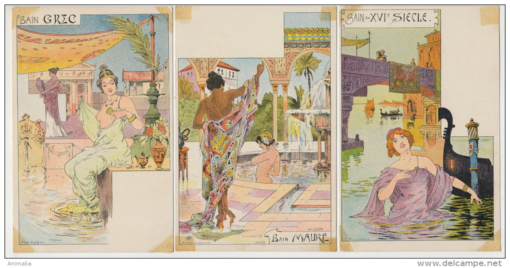 Louis Lessieux Art Nouveau Le Bain Serie De 9 Cp Prehistoire Egypte Grece Maure Venise Rome - Lessieux