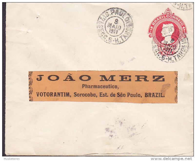 Brazil Postal Stationery Ganzsache Entier 100 Reis S. PAUL 1911 To Pharmaceutico VOTORANTIM Sao Paulo (2 Scans) - Postal Stationery