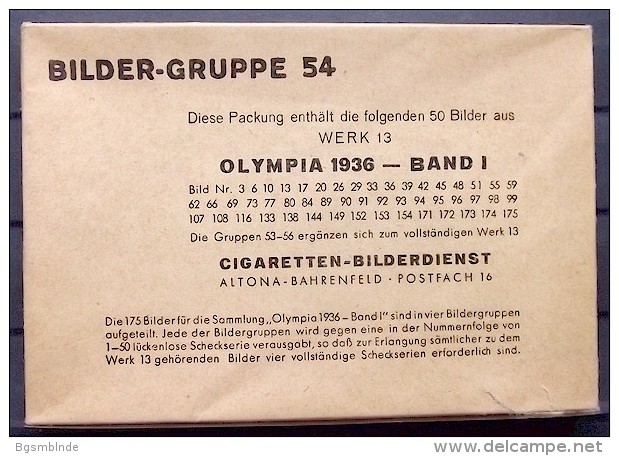 1936 OLYMPIADE Band I - 50 Bilder 8x12cm - Ungeöffnetes Originalpaket - Bilder-Gruppe 54 - Sammelwerk 13 - Trading Cards