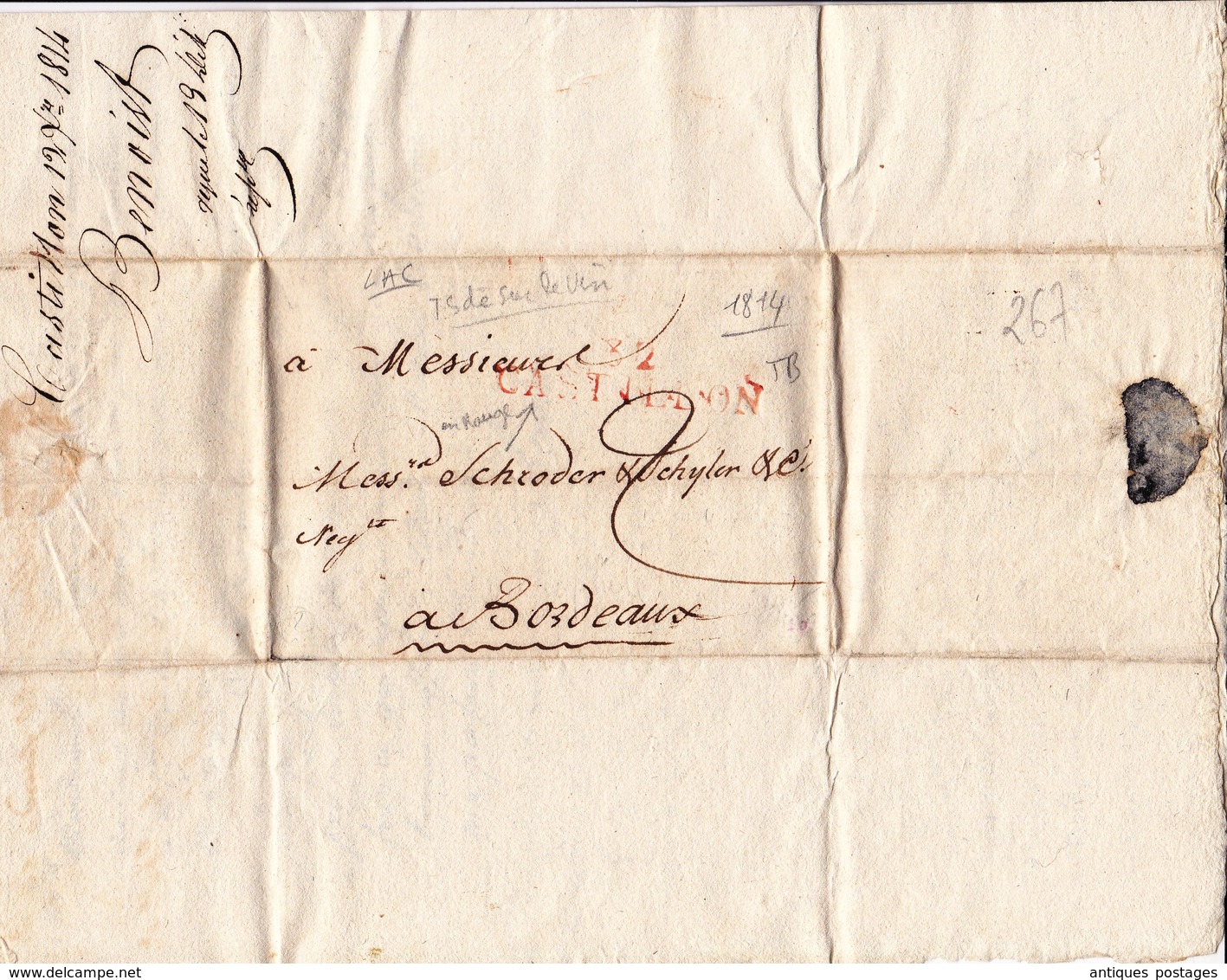 Lettre Avec Correspondance Bordeaux Gironde Marque Postale Castillon Vin Wine Schroder Schyler Négociants 1814 - 1801-1848: Précurseurs XIX