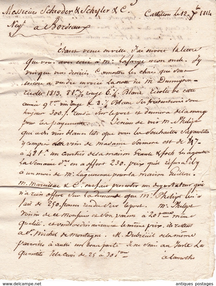 Lettre Avec Correspondance Bordeaux Gironde Marque Postale Castillon Vin Wine Schroder Schyler Négociants 1814 - 1801-1848: Précurseurs XIX