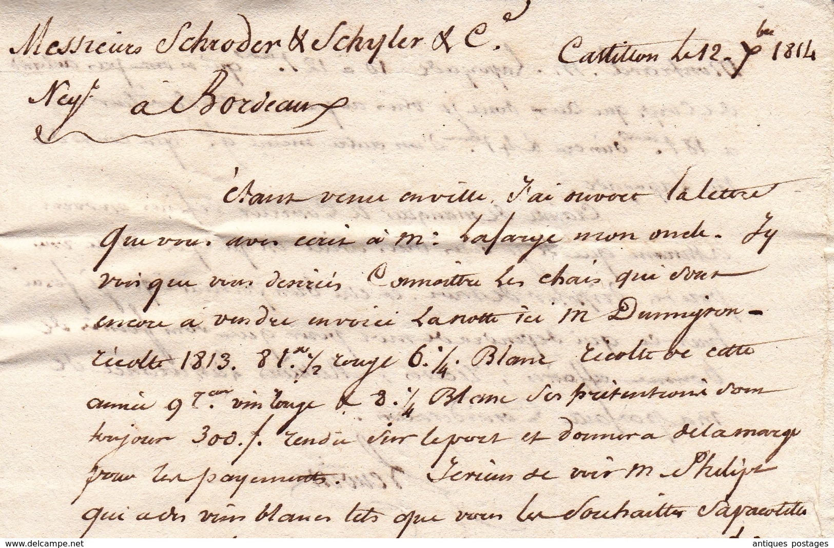 Lettre avec Correspondance Bordeaux Gironde Marque Postale Castillon Vin Wine Schroder Schyler Négociants 1814