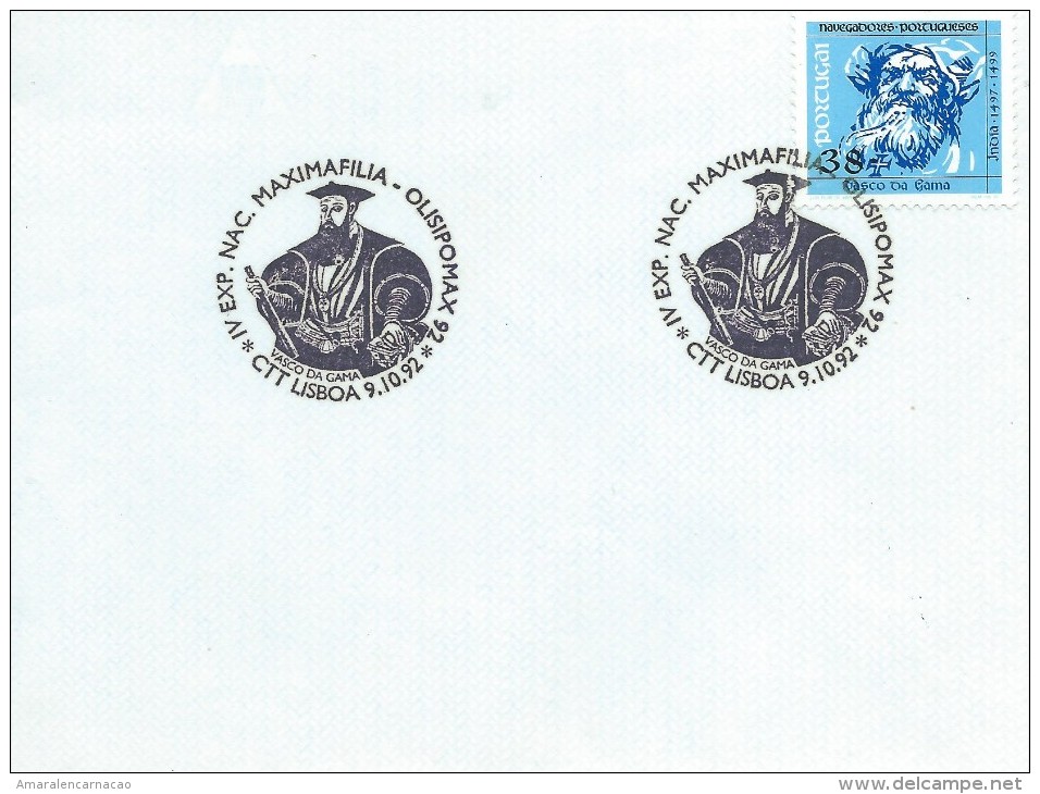 TIMBRES - STAMPS- MARCOPHILIE - PORTUGAL -CACHET SPÉCIAL VASCO DA GAMA SUR TIMBRE AUSSI DE VASCO DA GAMA-LISBOA  9-10-92 - Postal Logo & Postmarks