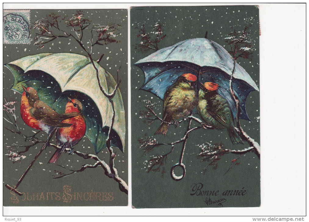 Lots 2 Cp - Couples D'oiseaux Sous Parapluie "Souhaits Sincères" Et " Bonne Année" - Birds