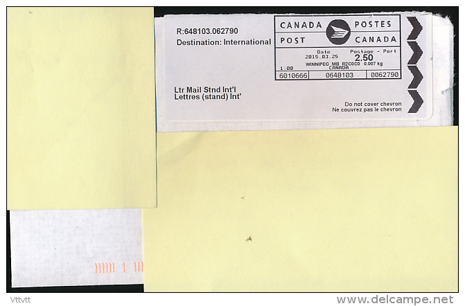 Enveloppe, Vignette D'Affranchissement International (Canada-France, 25-03-2015), Postage 2,50, Winnipeg MB... - Stamped Labels (ATM) - Stic'n'Tic