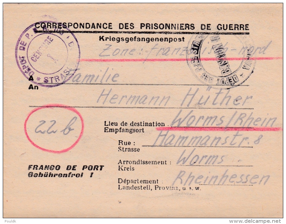 Prisoner Of War WW2, From German POW In France, PG Depot 105 In Strasbourg - Letter Inside Dated 8.23.1948 D(G59-76) - Militaria