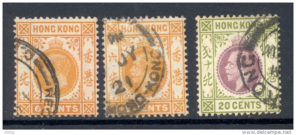 HONG KONG, 1912 6c Yellow-orange, Brown Orange, 20c, (wmk Block CA) VFU, SG103, 103a, 107, Cat &pound;8 - Used Stamps