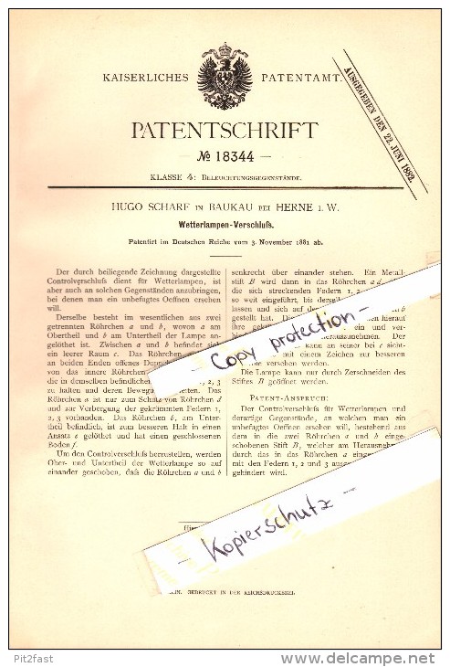 Original Patent - Hugo Scharf In Baukau B. Herne I.W. , 1881 , Wetterlampen-Verschluß , Beleuchtung !!! - Herne
