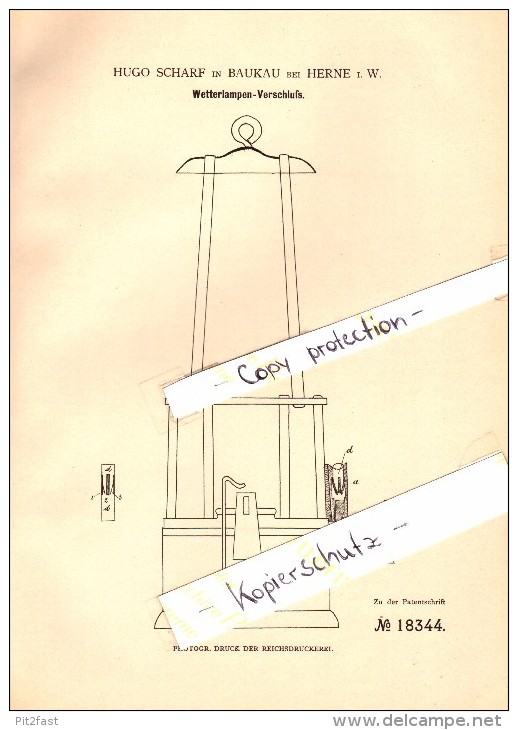 Original Patent - Hugo Scharf In Baukau B. Herne I.W. , 1881 , Wetterlampen-Verschluß , Beleuchtung !!! - Herne