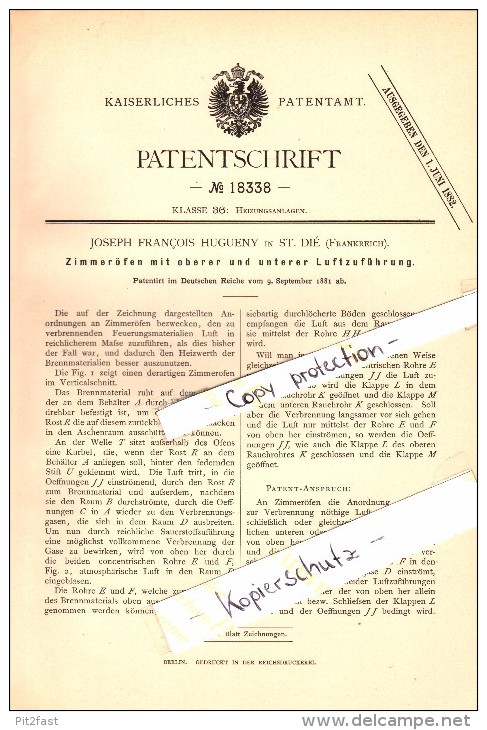 Original Patent - Joseph Francois Hugueny à Saint-Dié-des-Vosges , 1881 , Chambres Four !!! - Saint Die