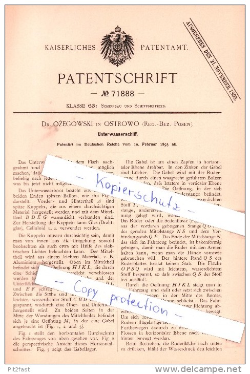 Original Patent - Dr. Ozegowski In Ostrowo , Reg.-Bez. Posen , 1893 , Unterwasserschiff , U-Boot  !!! - Posen