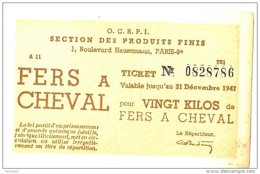 LBR32 - TITRE DE REPARTITION  - TICKET POUR 20 Kg DE FERS A CHEVAL - Guerre Mondiale (Seconde)