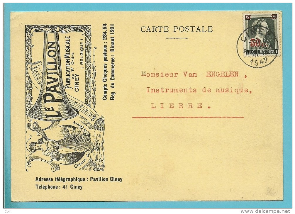 571 Op Kaart Geillustreert Met LE PAVILLON / Publication Musicale, Met Stempel CINEY - 1936-1957 Col Ouvert