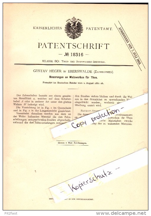 Original Patent - Gustav Heger In Eberswalde / Zainhammer , 1881 , Walzwerk Für Thon , Keramik , Töpferei !! - Eberswalde