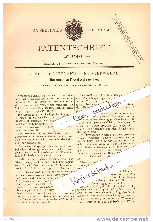 Original Patent - C.F. Haberland In Finsterwalde , 1883 , Flegel-Dreschmaschine , Landwirtschaft , Agrar !!! - Finsterwalde