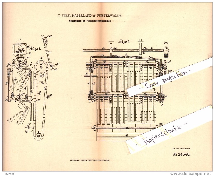 Original Patent - C.F. Haberland In Finsterwalde , 1883 , Flegel-Dreschmaschine , Landwirtschaft , Agrar !!! - Finsterwalde