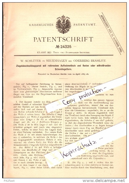 Original Patent - W. Schlüter In Neuenhagen B. Oderberg-Bralitz , 1883 , Ziegel-Abschneideapparat , Bad Freienwalde !!! - Neuenhagen B. Berlin