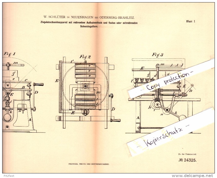 Original Patent - W. Schlüter In Neuenhagen B. Oderberg-Bralitz , 1883 , Ziegel-Abschneideapparat , Bad Freienwalde !!! - Neuenhagen B. Berlin