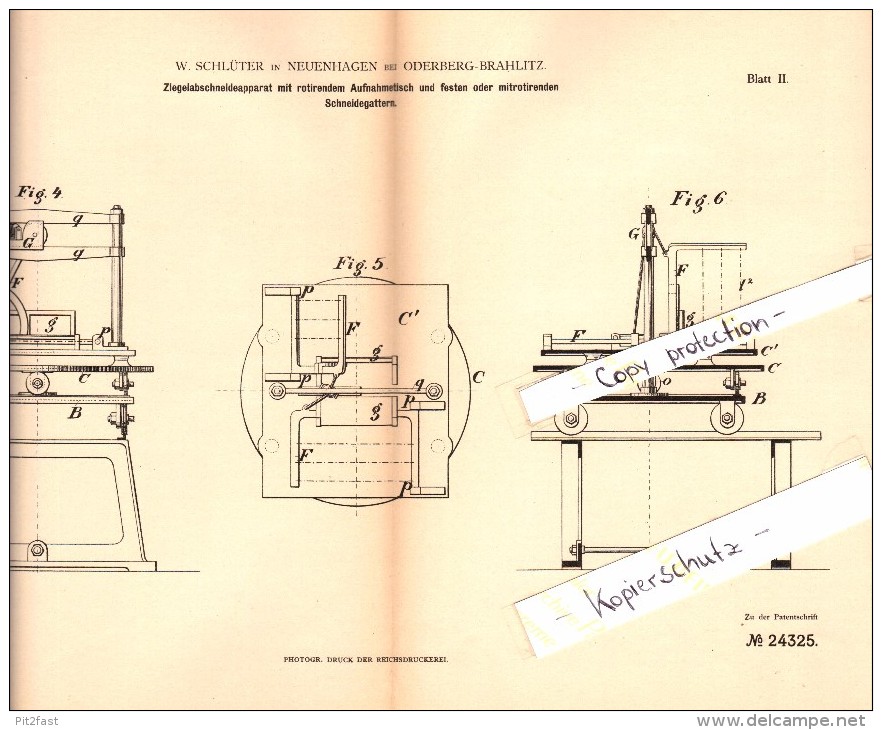 Original Patent - W. Schlüter In Neuenhagen B. Oderberg-Bralitz , 1883 , Ziegel-Abschneideapparat , Bad Freienwalde !!! - Neuenhagen B. Berlin