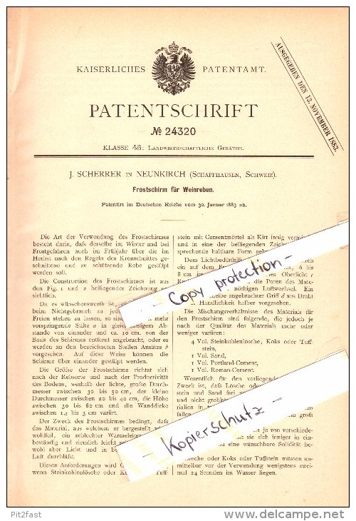 Original Patent - J. Scherrer In Neunkirch B. Schaffhausen , Schweiz , 1883 , Frostschirm Für Weinreben , Wein , Weinbau - Neunkirch