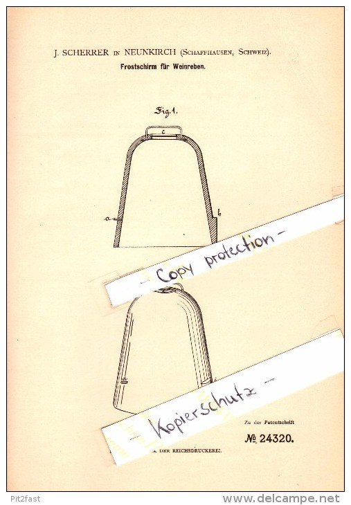 Original Patent - J. Scherrer In Neunkirch B. Schaffhausen , Schweiz , 1883 , Frostschirm Für Weinreben , Wein , Weinbau - Neunkirch