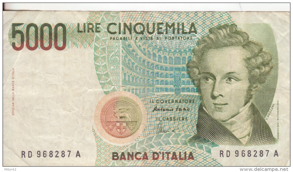 63*-Cartamoneta-Banconota Italia Repubblica L.5.000 Vincenzo Bellini-D.M.4.1.1985-Circolata - 5000 Lire