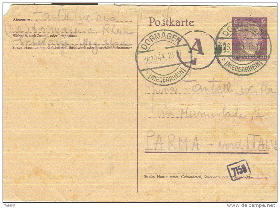 POSTKARTE, DORMAGEN - PARMA, 1944 - Briefe U. Dokumente
