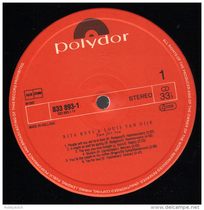 * LP *  RITA REYS &amp; LOUIS VAN DIJK - TWO FOR TEA (Holland 1987 EX-!!!) - Jazz