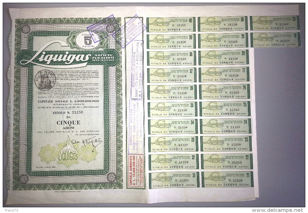 LIQUIGAS - SOCIETA' PER AZIONI  /   TITOLO  AZIONARIO DA 5  AZIONI  _  1960 - Elektrizität & Gas