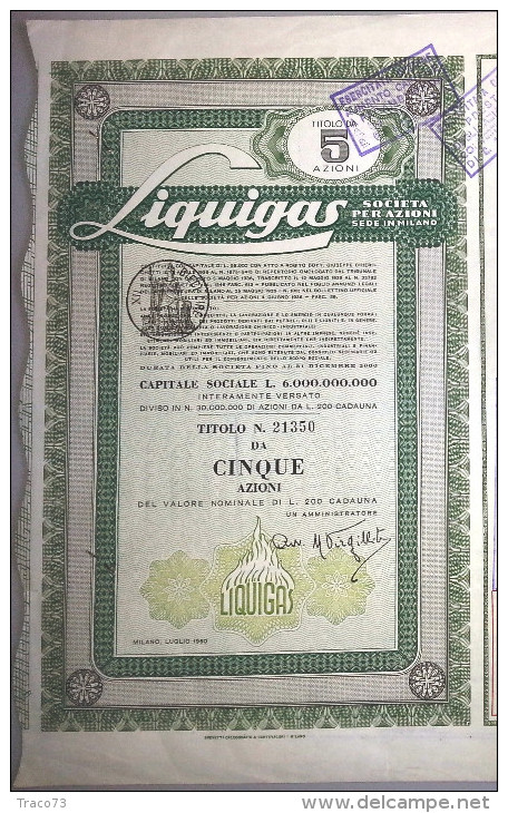 LIQUIGAS - SOCIETA' PER AZIONI  /   TITOLO  AZIONARIO DA 5  AZIONI  _  1960 - Electricité & Gaz