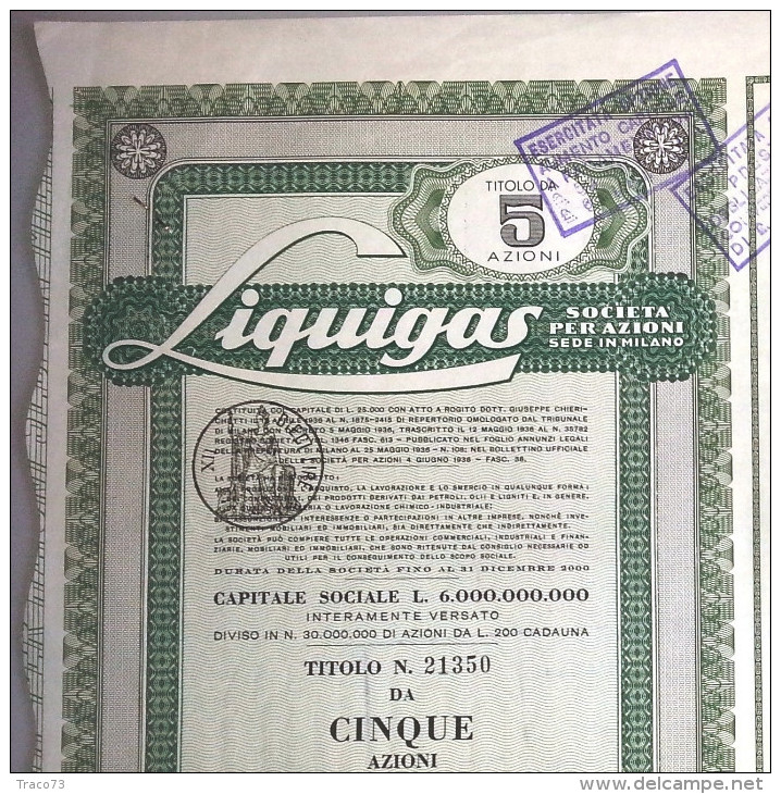 LIQUIGAS - SOCIETA' PER AZIONI  /   TITOLO  AZIONARIO DA 5  AZIONI  _  1960 - Elektrizität & Gas