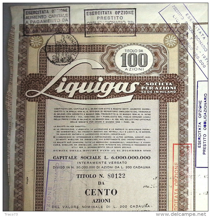 LIQUIGAS - SOCIETA´ PER AZIONI  /   TITOLO  AZIONARIO DA 100  AZIONI  _  1960 - Elektrizität & Gas