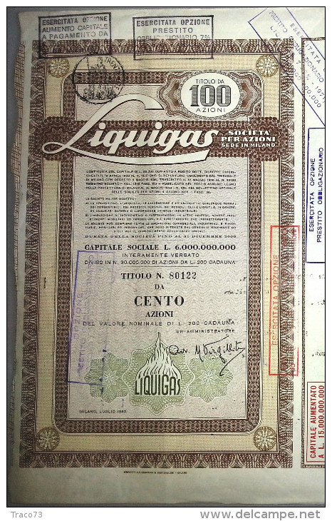 LIQUIGAS - SOCIETA´ PER AZIONI  /   TITOLO  AZIONARIO DA 100  AZIONI  _  1960 - Elektrizität & Gas