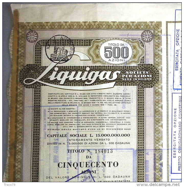 LIQUIGAS - SOCIETA´ PER AZIONI  /   TITOLO  AZIONARIO DA 500  AZIONI  _  1961 - Electricité & Gaz