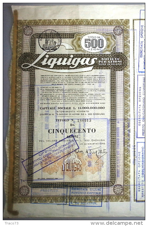 LIQUIGAS - SOCIETA´ PER AZIONI  /   TITOLO  AZIONARIO DA 500  AZIONI  _  1961 - Electricité & Gaz