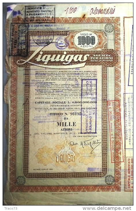 LIQUIGAS - SOCIETA´ PER AZIONI  /   TITOLO  AZIONARIO DA 1000  AZIONI  _  1960 - Electricidad & Gas