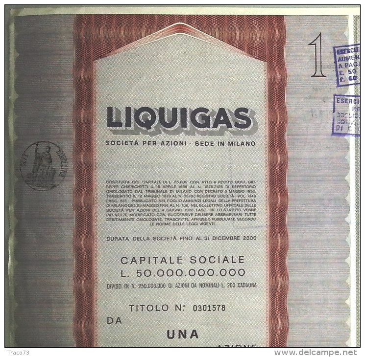 LIQUIGAS - SOCIETA´ PER AZIONI  /   TITOLO  AZIONARIO DA 1  AZIONE  _  1971 - Electricidad & Gas