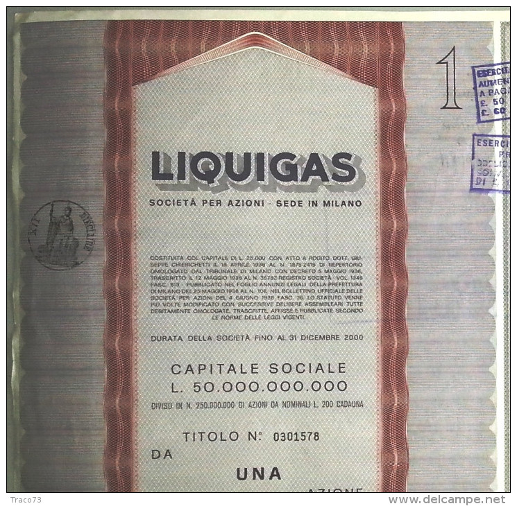 LIQUIGAS - SOCIETA´ PER AZIONI  /   TITOLO  AZIONARIO DA 1  AZIONE  _  1971 - Electricité & Gaz