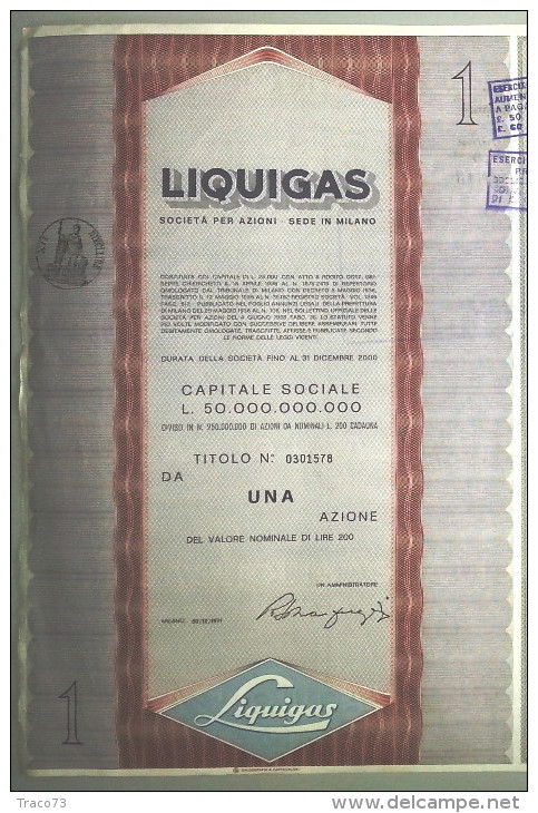 LIQUIGAS - SOCIETA´ PER AZIONI  /   TITOLO  AZIONARIO DA 1  AZIONE  _  1971 - Elektrizität & Gas