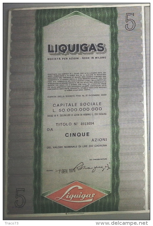 LIQUIGAS - SOCIETA´ PER AZIONI  /   TITOLO  AZIONARIO DA 5  AZIONI  _  1974 - Elektrizität & Gas