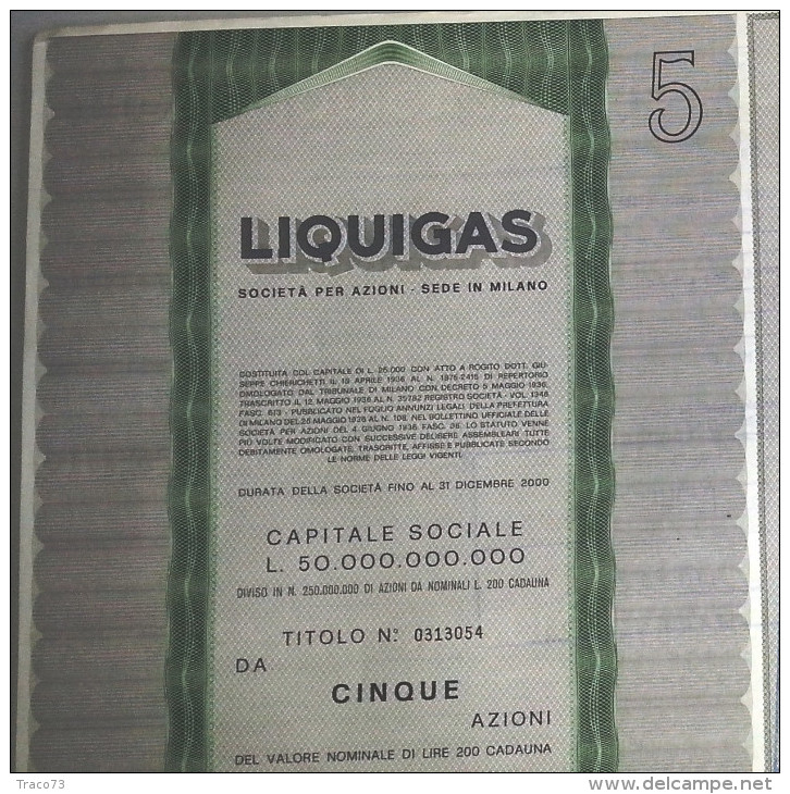 LIQUIGAS - SOCIETA´ PER AZIONI  /   TITOLO  AZIONARIO DA 5  AZIONI  _  1974 - Electricity & Gas