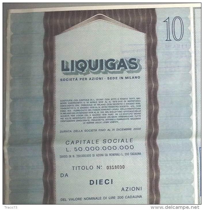 LIQUIGAS - SOCIETA´ PER AZIONI  /   TITOLO  AZIONARIO DA 10  AZIONI  _  1973 - Electricidad & Gas