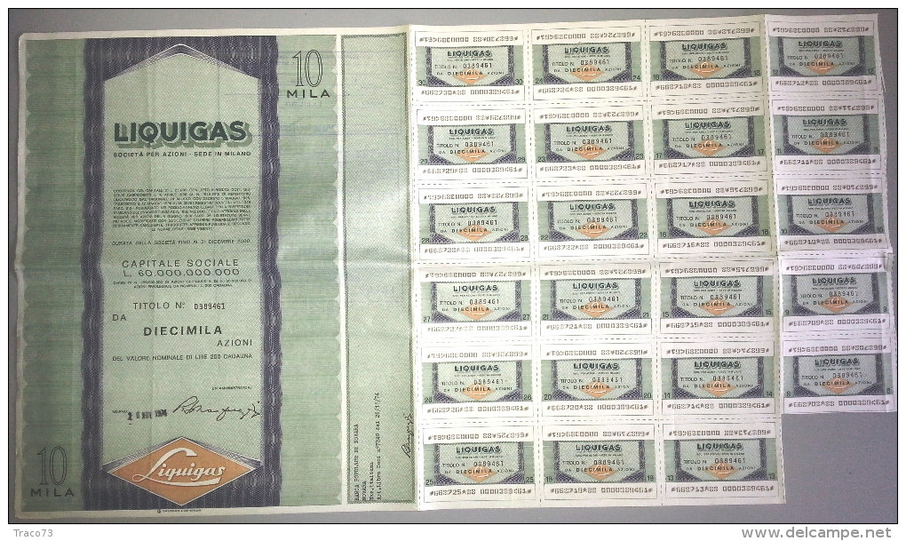 LIQUIGAS - SOCIETA´ PER AZIONI  /   TITOLO  AZIONARIO DA 10  AZIONI  _  1974 - Electricidad & Gas