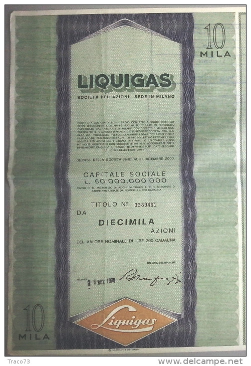 LIQUIGAS - SOCIETA´ PER AZIONI  /   TITOLO  AZIONARIO DA 10  AZIONI  _  1974 - Elektriciteit En Gas