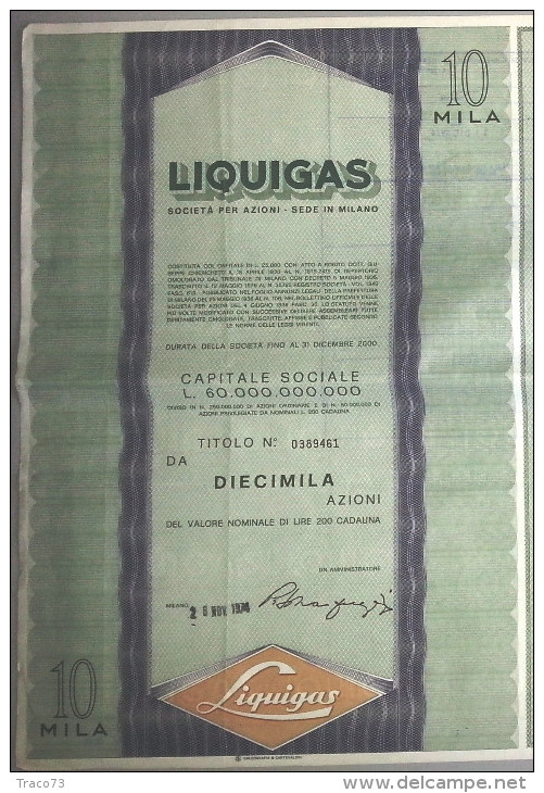 LIQUIGAS - SOCIETA´ PER AZIONI  /   TITOLO  AZIONARIO DA 10  AZIONI  _  1974 - Electricité & Gaz